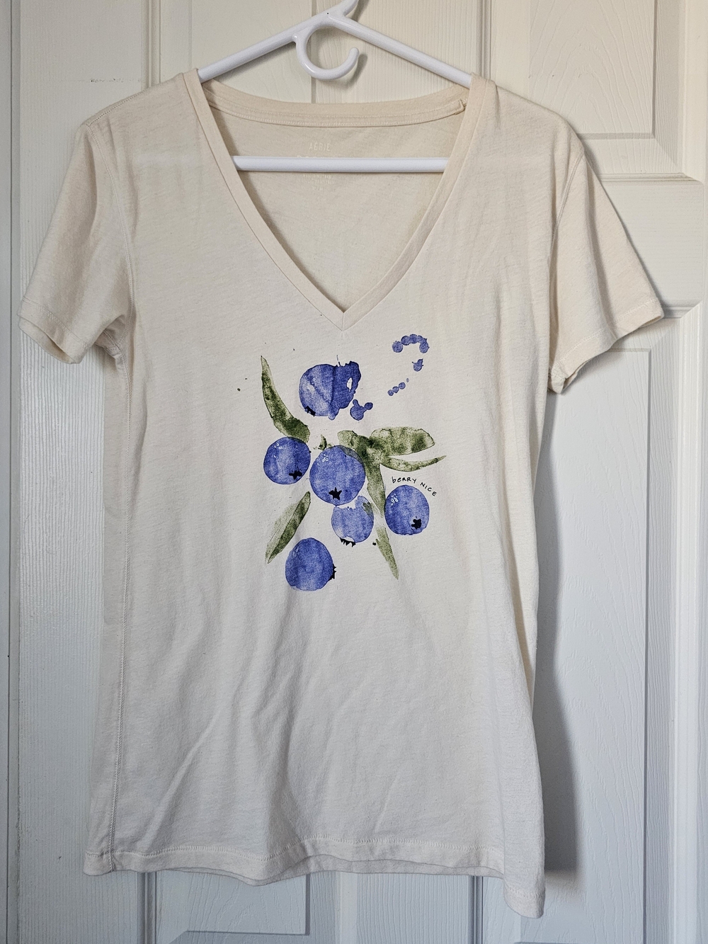 Y2K American Eagle Blueberry Graphic V-Neck Knit Tee – Cream Size Medium – E